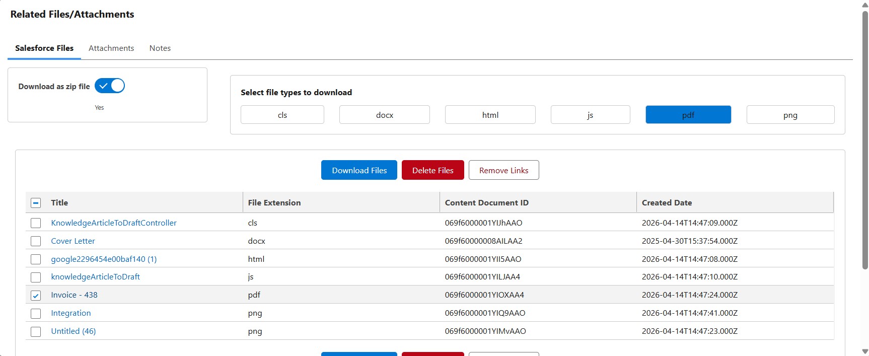 Download files from a Salesforce record using SFDC File Manager